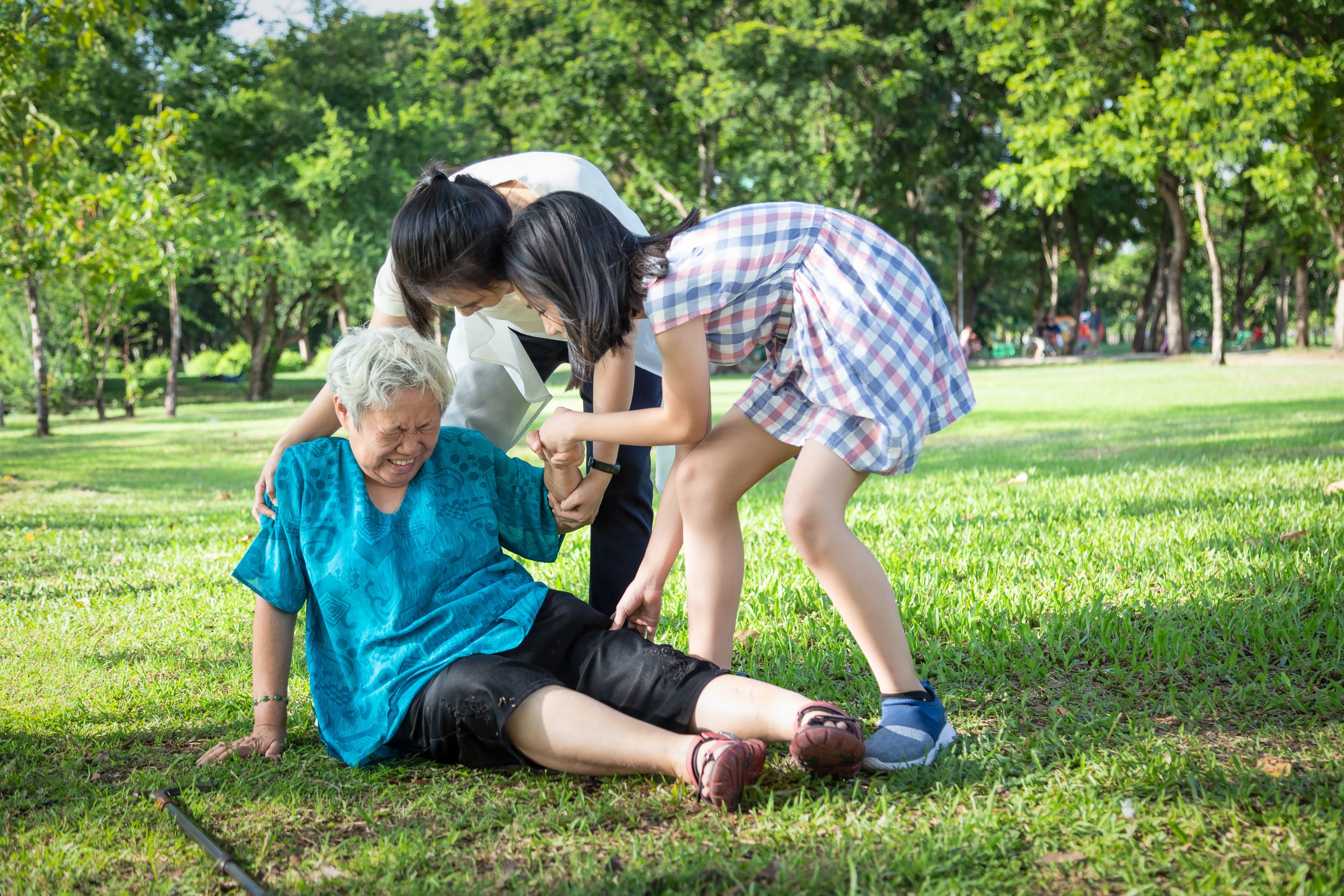 Asian elderly people with walking stick on floor after falling d averting elderly falls