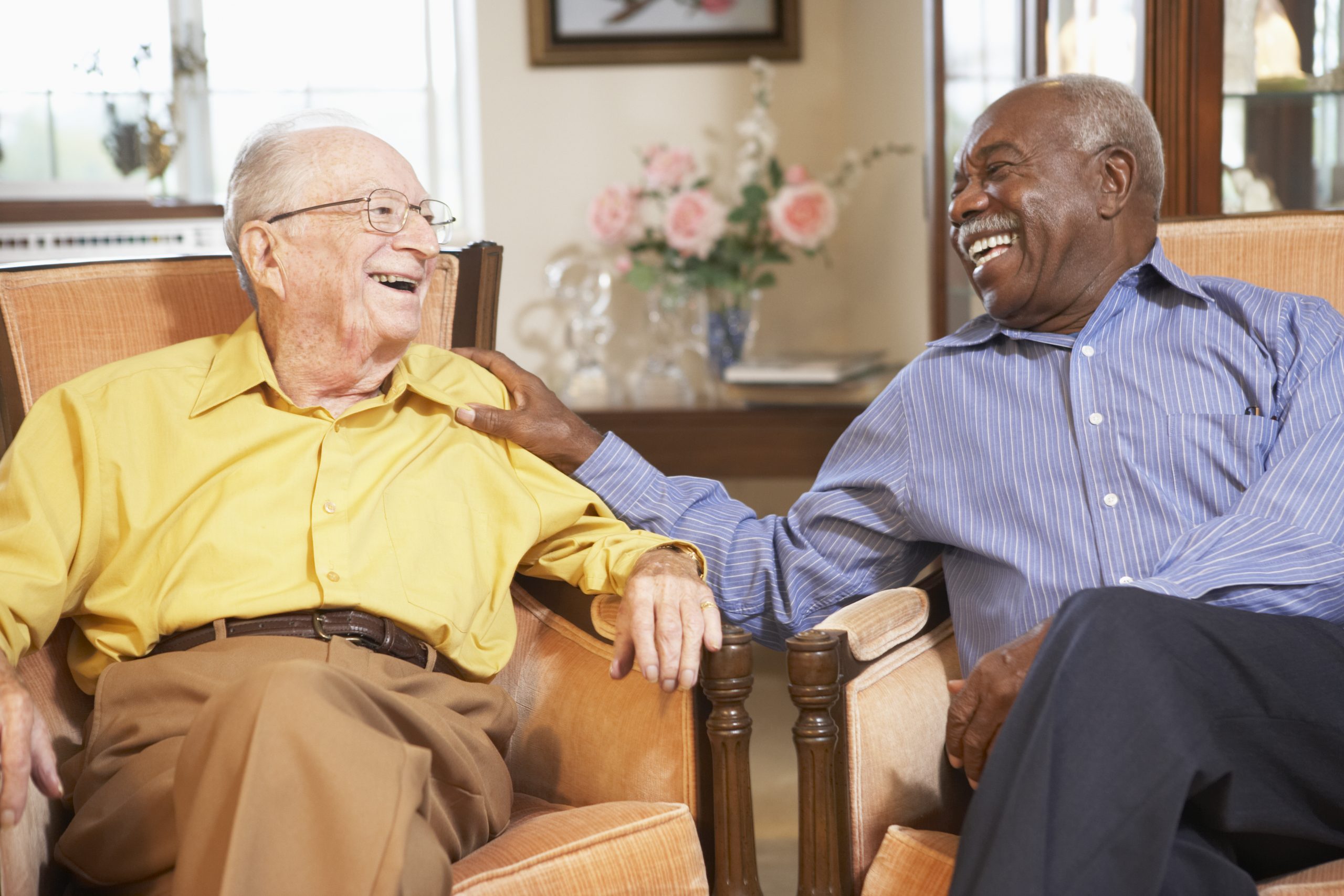 Senior men relaxing in armchairs retirees as caregivers